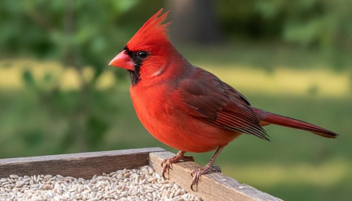 Northern Cardinal eating safflower seed at a platform feeder
