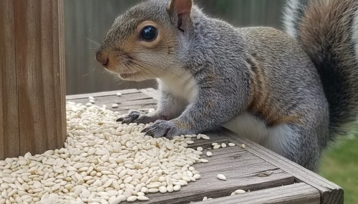 Squirrel sniffing safflower seed but declining to eat it