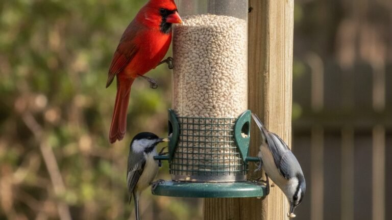 Cardinals, chickadees, and nuthatches feeding on safflower seed
