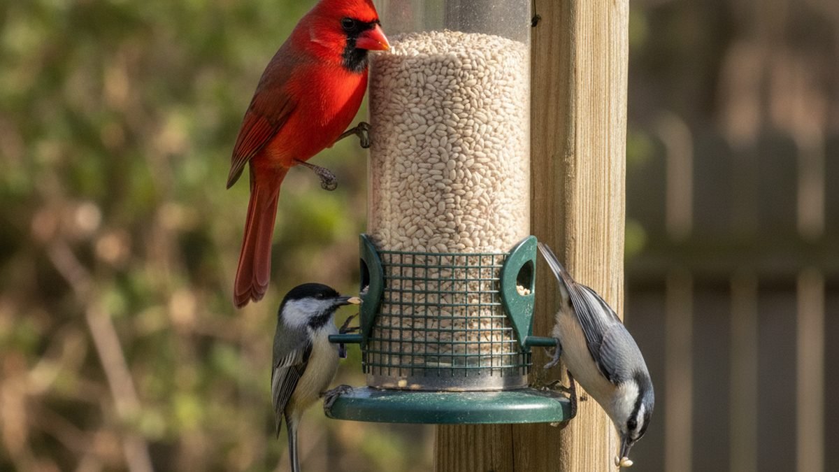 Cardinals, chickadees, and nuthatches feeding on safflower seed