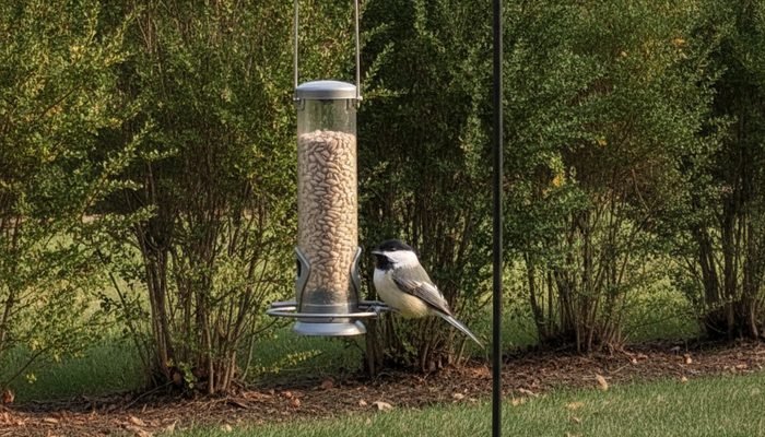 Bird feeder placed near shrub cover in backyard to avoid the wrong spot mistake