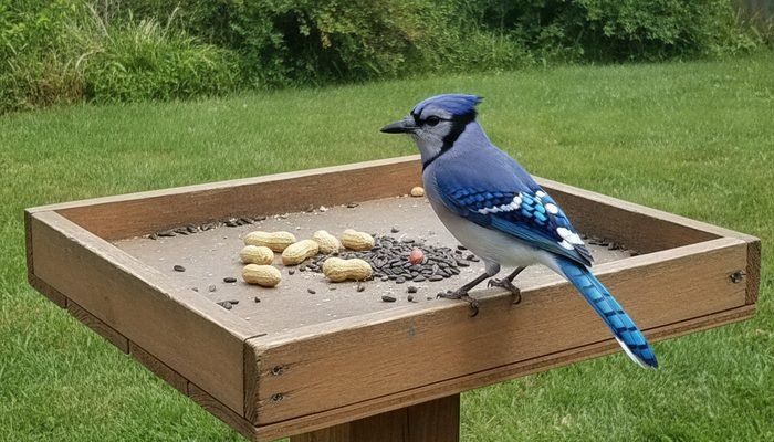 Blue jay perched on a platform feeder eating peanuts