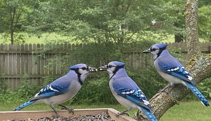 Family group of blue jays showing typical late-summer behavior at a feeder