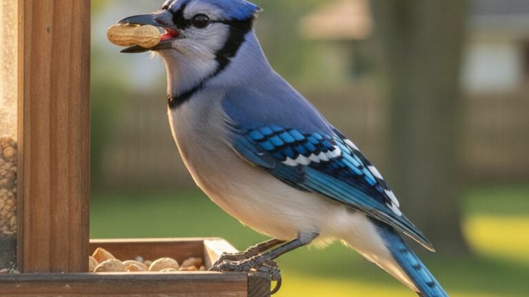 Blue jay grabbing a peanut from a backyard hopper feeder