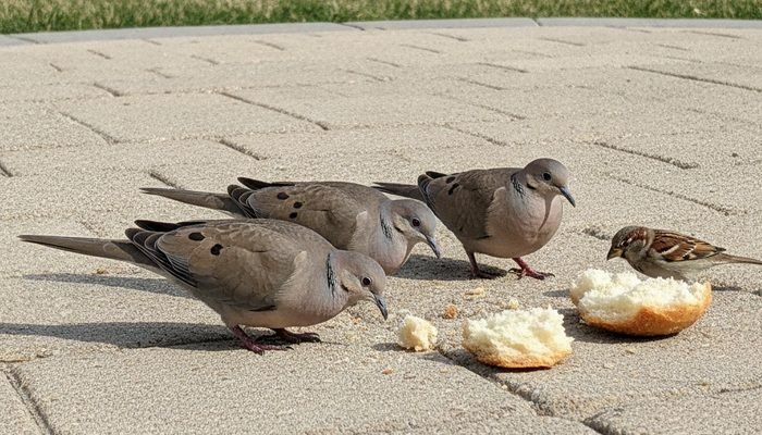 Mourning doves and house sparrows eating bread crumbs in a backyard