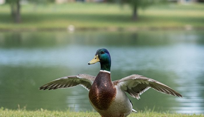 Mallard duck showing signs of angel wing from a bread-heavy diet