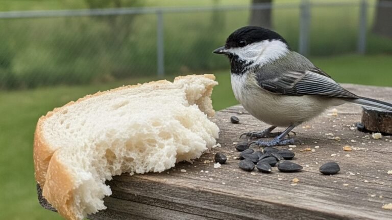 Bread on a bird feeder next to a chickadee choosing seeds instead
