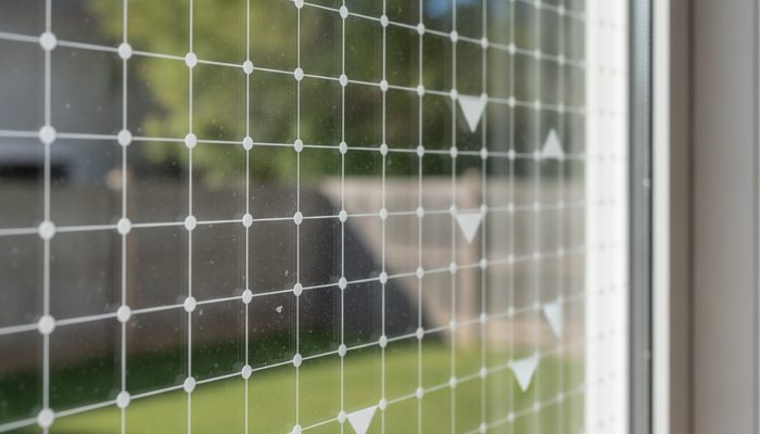 Window decals applied in a grid pattern to prevent bird strikes