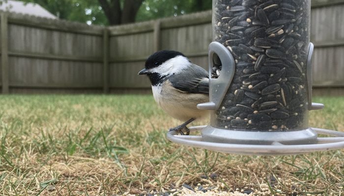 Black-capped Chickadee at a sunflower feeder ignoring white millet on the ground