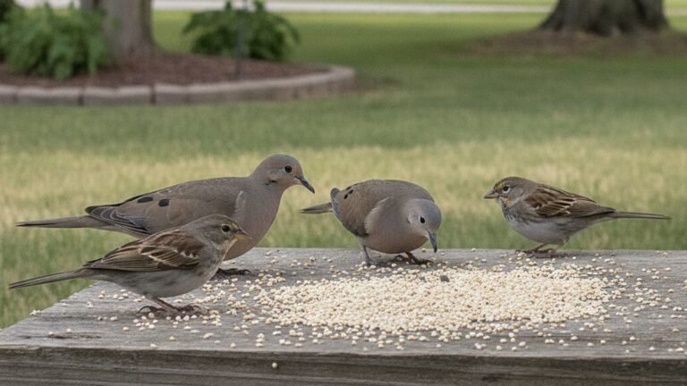 Ground-feeding birds eating white millet on a backyard platform feeder
