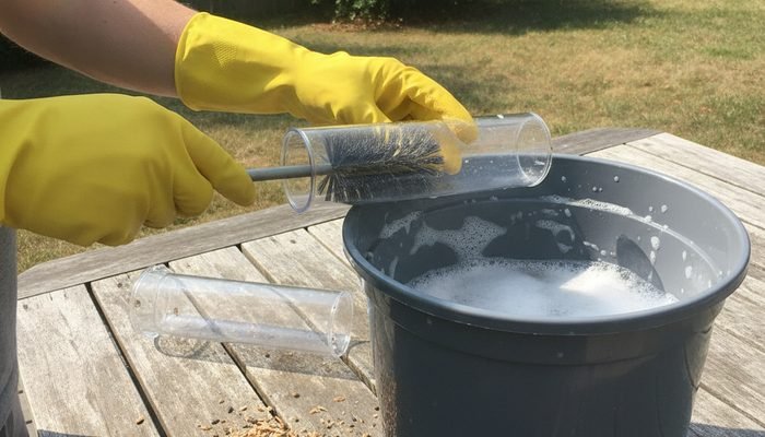 Cleaning a plastic tube bird feeder with a brush and soapy water