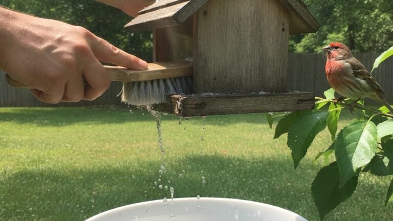 Person cleaning a wooden hopper bird feeder in a backyard with a House Finch nearby