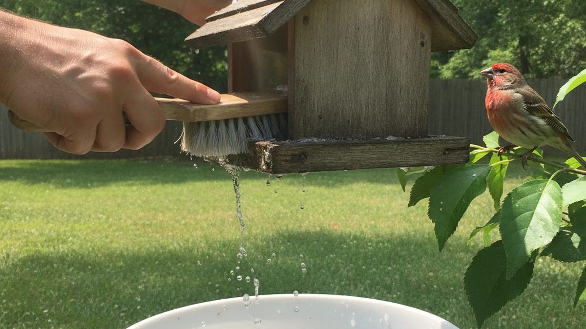 Person cleaning a wooden hopper bird feeder in a backyard with a House Finch nearby