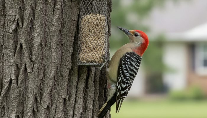 Red-bellied Woodpecker near suet feeder placed close to tree trunk for safe cover