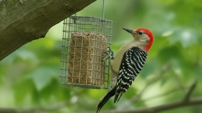 Woodpecker perched on a suet feeder in a backyard, illustrating how to attract woodpeckers