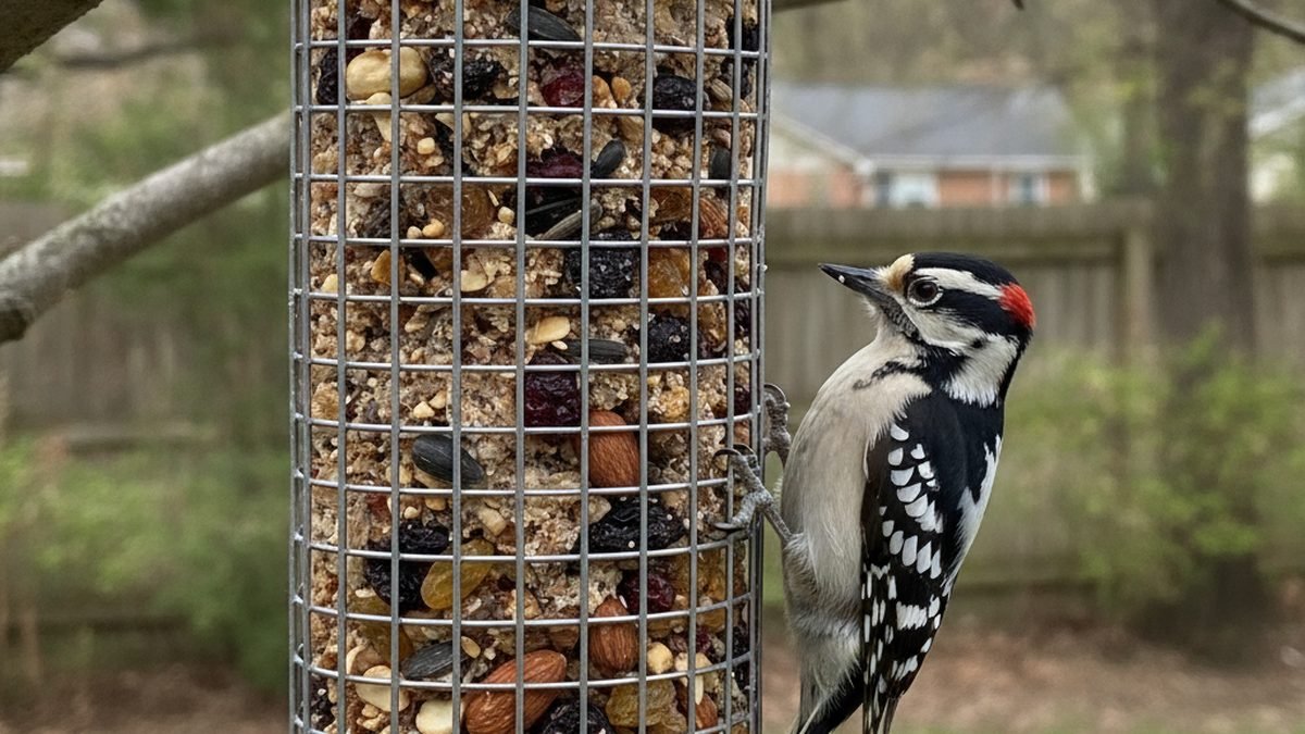 Suet cake in a wire feeder with a woodpecker feeding on it