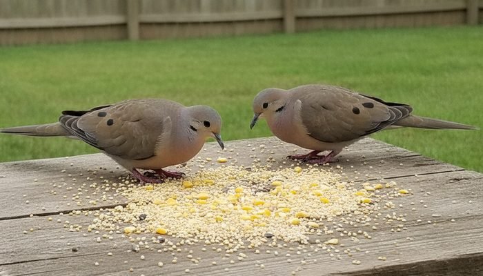 Mourning doves feeding on a platform feeder in a backyard