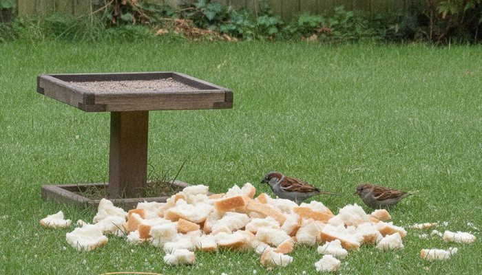 House sparrows pecking at discarded bread crumbs on backyard lawn