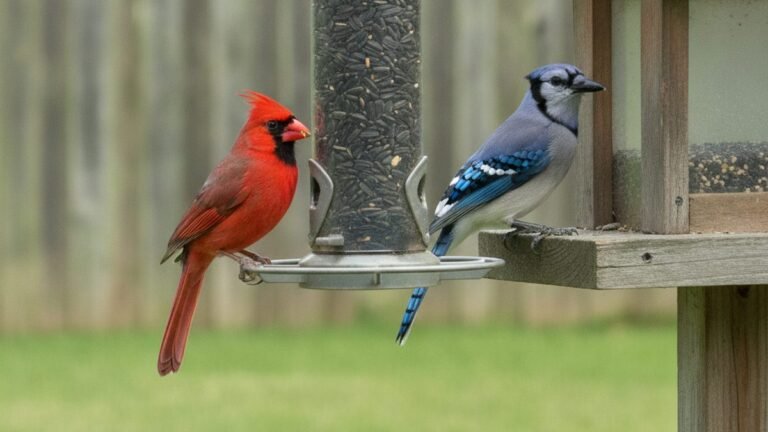 Cardinal and blue jay feeding safely at backyard bird feeders, avoiding foods birds should never eat
