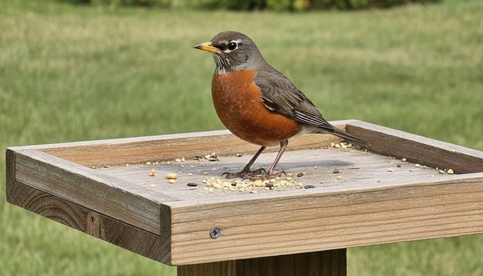 American Robin standing on a flat platform bird feeder in a backyard