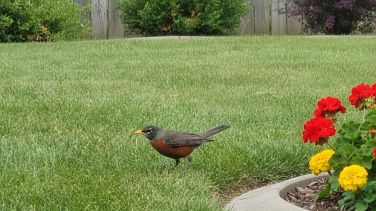 American Robin foraging on a backyard lawn near a garden bed