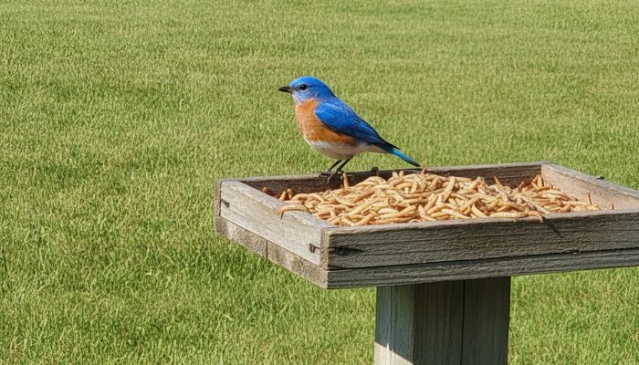 Eastern Bluebird eating mealworms from a platform feeder
