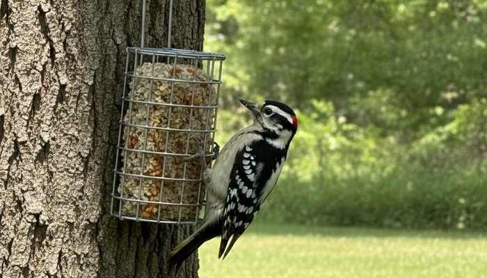 Downy Woodpecker eating dried mealworms from a suet feeder
