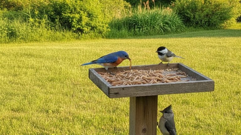 Several backyard birds including bluebirds and chickadees eating mealworms from a feeder