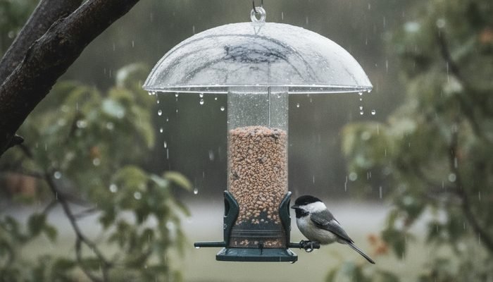 Bird feeder with a wide protective dome roof shielding seed from rain