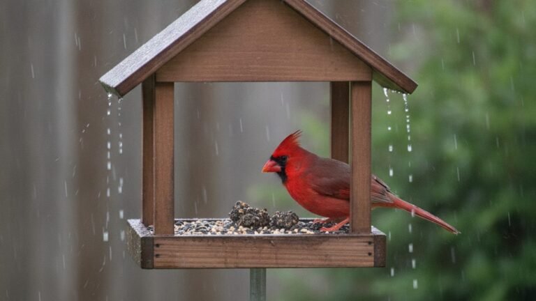 Wet bird seed clumping in a backyard feeder during rainfall