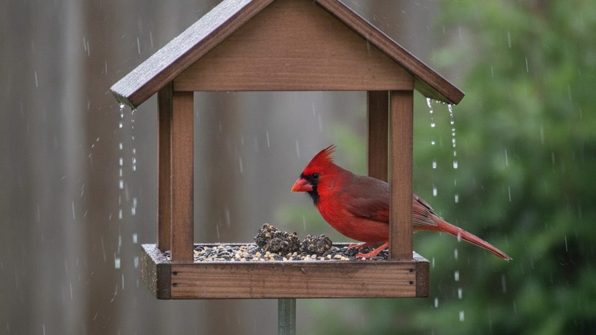 Wet bird seed clumping in a backyard feeder during rainfall