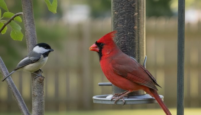 Cardinal and chickadee eating black-oil sunflower seed from a backyard tube feeder