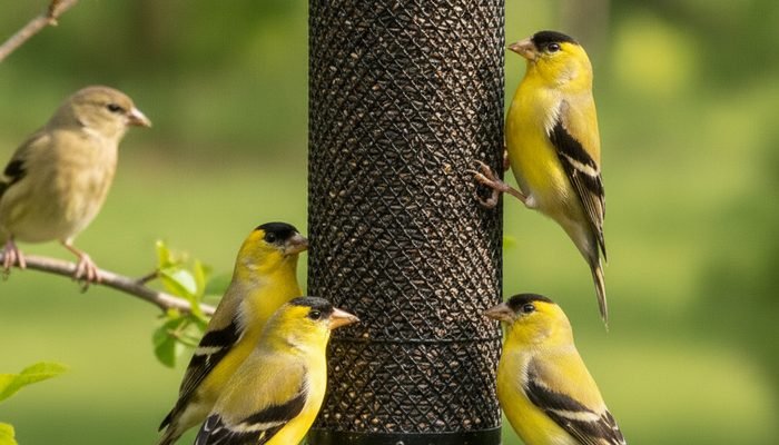 American Goldfinches feeding on nyjer seed at a mesh finch feeder