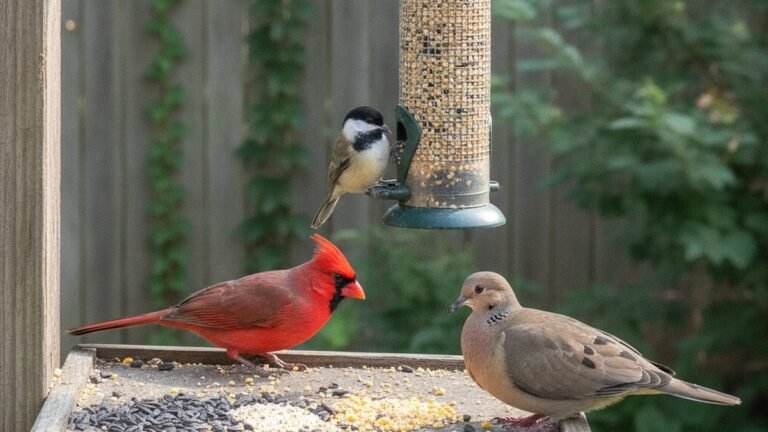 Variety of bird seed types in backyard feeders attracting cardinals, chickadees, and doves