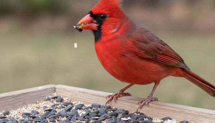 Cardinal eating black oil sunflower seed from a feeder tray