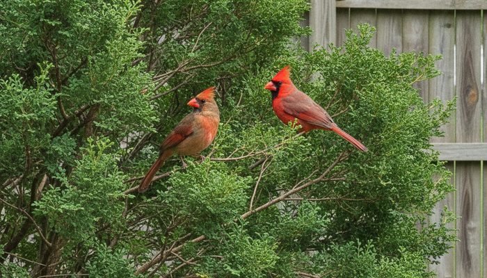 Male and female cardinals perched in dense backyard shrubs for cover