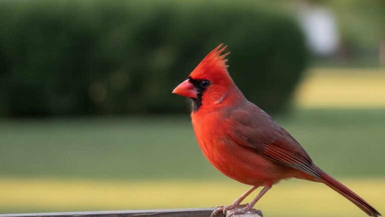 Male Northern Cardinal perched on a backyard platform feeder