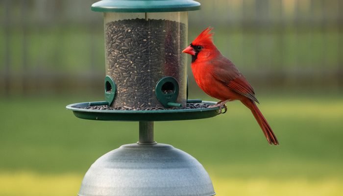 Hopper bird feeder mounted at proper height with cardinal perched on tray