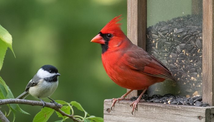 Northern Cardinal and Black-capped Chickadee eating black oil sunflower seed at a hopper feeder