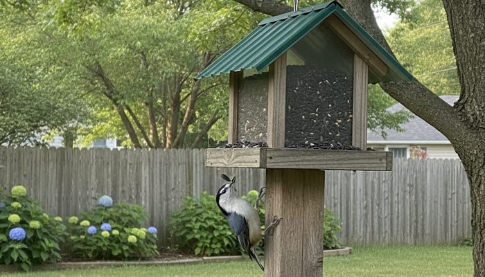 Hopper feeder filled with black oil sunflower seed near a maple tree with a White-breasted Nuthatch