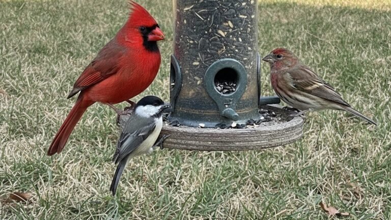 Various backyard birds eating black oil sunflower seed from a feeder
