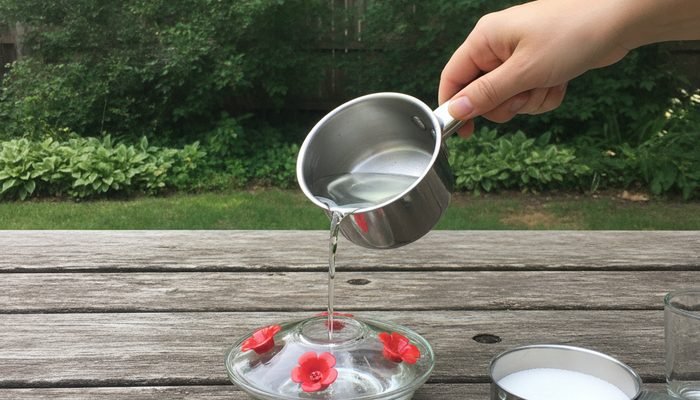 Homemade hummingbird nectar being poured into a feeder
