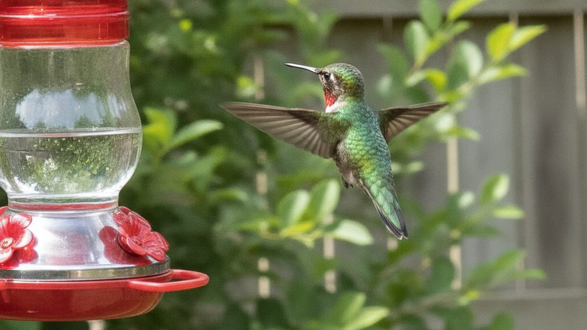 Hummingbird hovering near a backyard feeder, illustrating how to attract hummingbirds