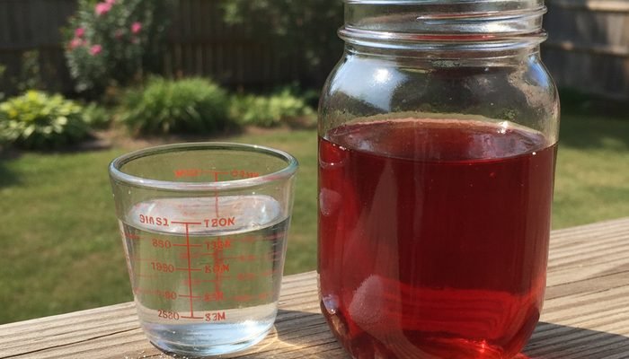 Homemade hummingbird nectar made from sugar and water in a glass jar