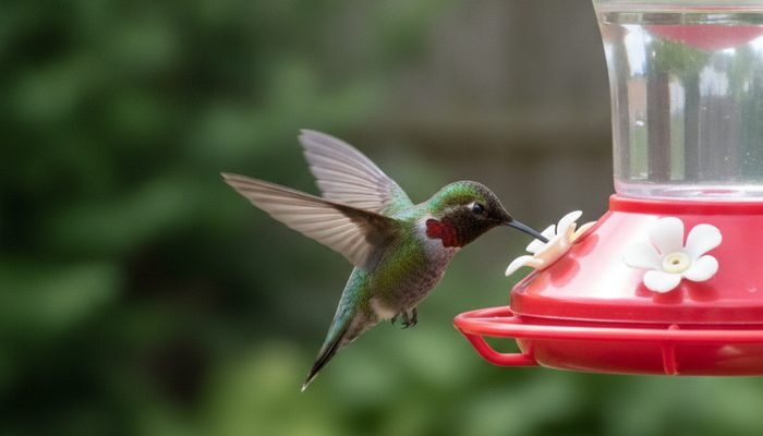 Male Ruby-throated Hummingbird drinking from a nectar feeder