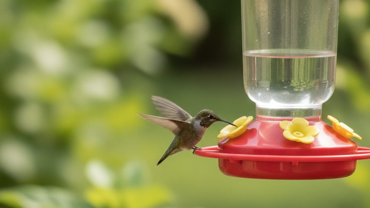 Hummingbird feeding on homemade hummingbird food at a backyard feeder