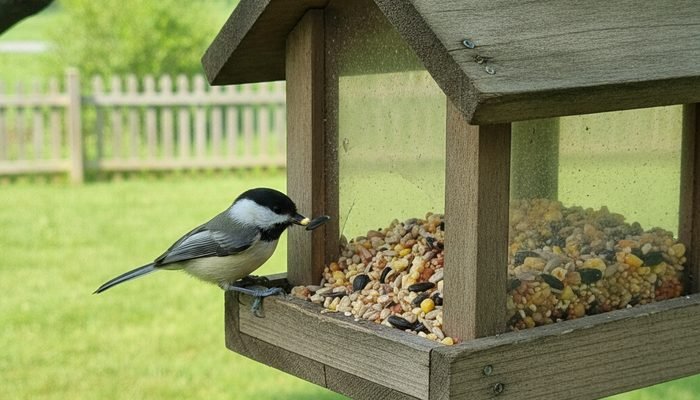 Black-capped Chickadee on a wooden hopper bird feeder