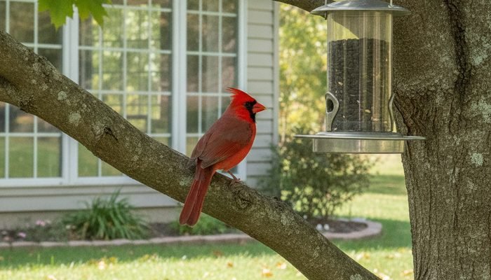 Northern Cardinal near feeder placed close to tree cover for safety