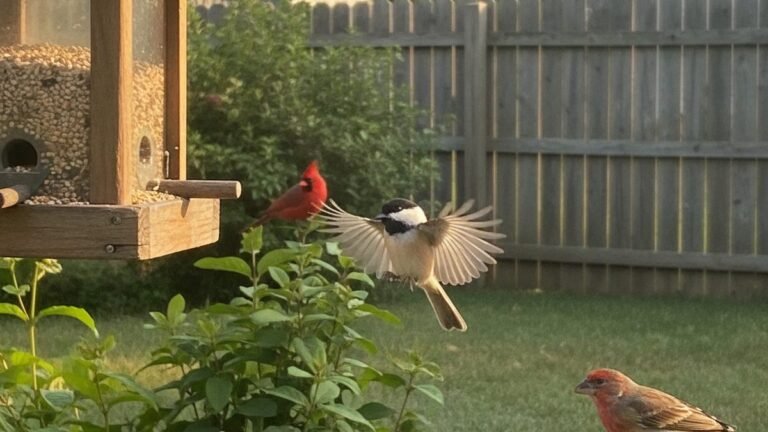 Backyard bird feeder setup with chickadee, house finch, and cardinal