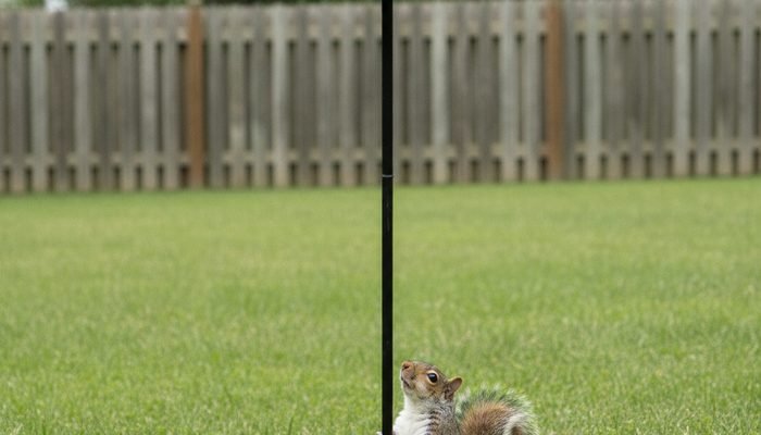 squirrel baffle installed on bird feeder pole to stop squirrels climbing